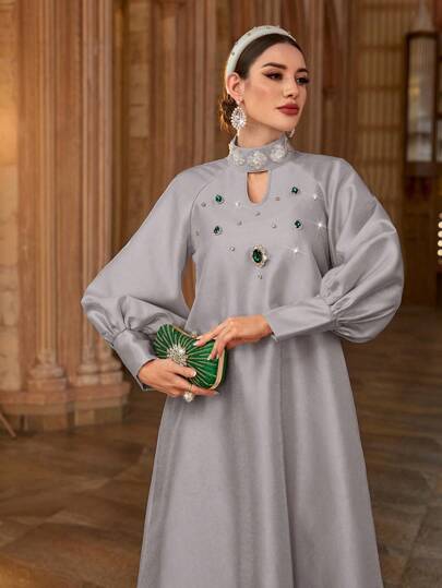 Al Najma 女士优雅水钻和亮片装饰土耳其/阿拉伯传统长款束腰外衣