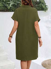 EMERY ROSE Plus Size Women Summer Lapel Boho Straight Blue Short Sleeve Dress