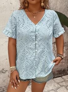 SHEIN Holidaya Plus Size Women Baby Blue Summer Elegant Vacation Holiday Blouse,Embroidered Textured V-Neck Puff Sleeve Ruffle Cuff Button Down Blouse Casual Tops - Green - View 3