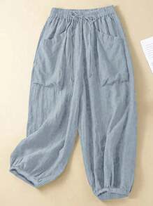 Linhara Plus Size Casual Solid Color Double Pocket Drawstring Pants