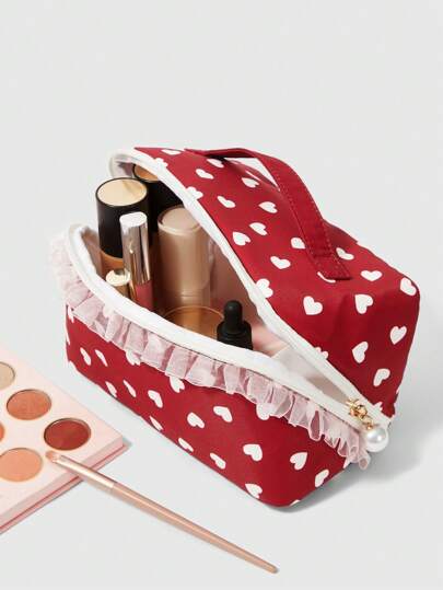 Kawaii 1 pezzo Borsa cosmetica da donna di grande capacità con stampa minimalista a cuore rosso 1442190