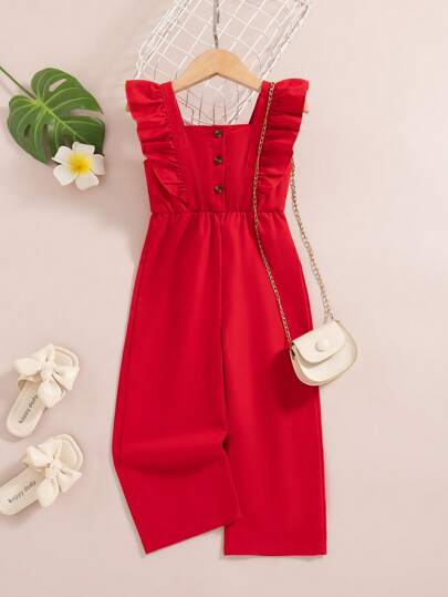 SHEIN Elladie kids Mono informal con botones y volantes de unicolor para niña