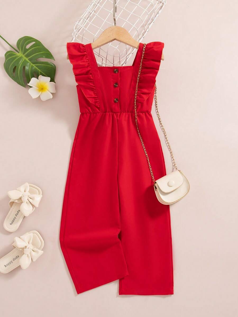 SHEIN Elladie kids Young Girl Solid Color Ruffle Trim Button Jumpsuit, Casual - Red - View 1