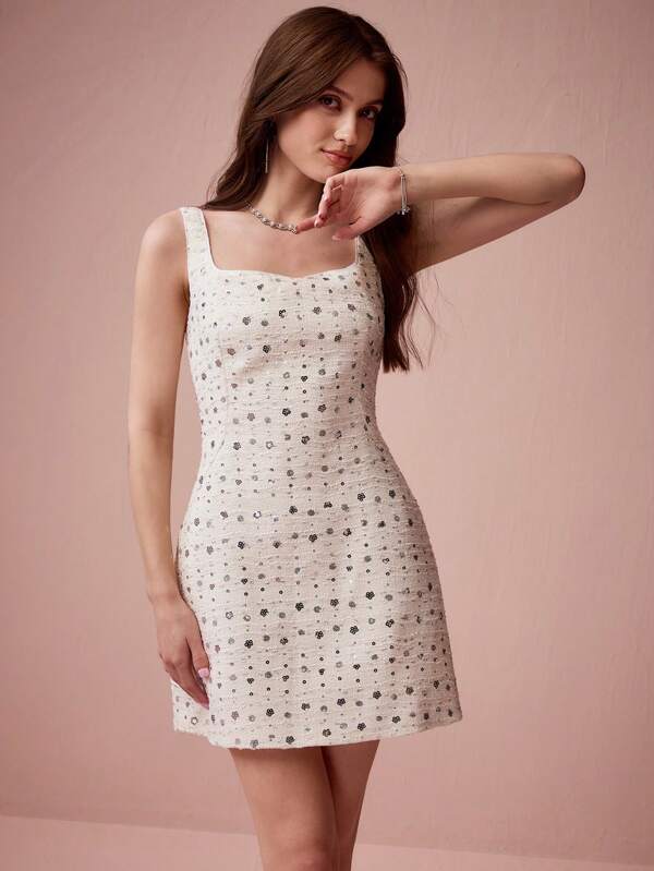 Enchnt Spring/Summer Romantic Women's White Sparkle Sequin Tweed Square Neck Sleeveless Cute Mini Tank Dress,Sweet&Elegant For Birthday&Holiday Party&Sweet Date&Vacation&Graduation Season&Banquet,Summer Outfits For Women&Fairycore,Wedding Guest Dress Women,Bridal Shower Dress White,Concert Outfit Women