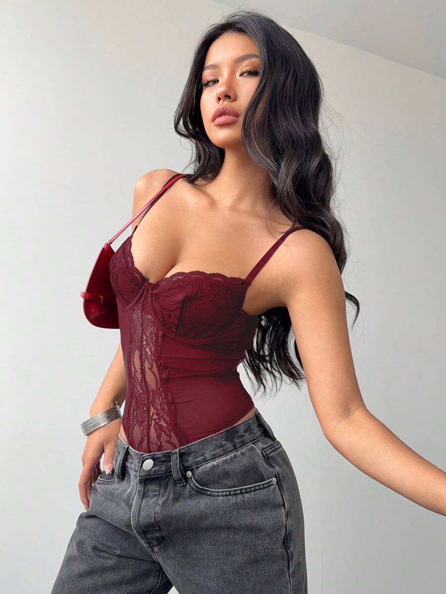 Aloruh Ladies' Elegant Sexy Lace Patchwork Bodysuit - Burgundy - View 1