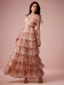 Enchnt Spring/Summer Romantic Women's Soft Pink Bowknot Multi-Tiered Ruffle Princess Maxi Cake Dress,Sweet&Elegant For Birthday&Holiday Party&Wedding Season&Sweet Date &Prom&Garden Parties&Vacation