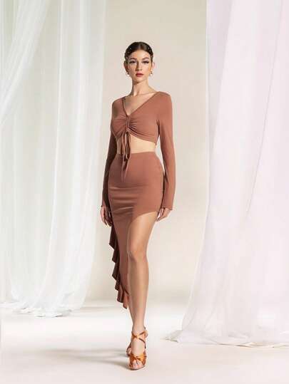 Dansine Latin High Elastic Elegant Solid Color Shirring Cropped Top And Asymmetric Hemline Ruffle Skirt, Dance Stage Costume