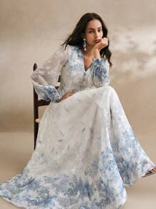 Anewsta 女士 V 领优雅花卉印花长袖连衣裙，春季服装 - 藍色 - 查看 1