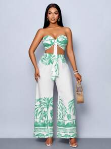 SOLERSUN Summer Women's Clothing, Casual Vacation, White Background Orange Flowers, Sleeveless Tube Top, Front Center Tie, Back Pleated Top, Loose Wide-Leg Pants Suit, Woven Two Pieces Suit