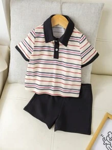 SHEIN مجموعة ملابس علوية كاجوال فضفاض مضفر وشورت مزين بشريط مخطط ملائمة لحديث الولادة ذكر/أنثى ، مناسبة للربيع/الصيف ، ارتداء المنزل ، الخروجات ، الحفلات - الأزرق - مشاهدة 3