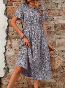EMERY ROSE Vestido largo de mujer con cintura ceñida, diseño floral de margaritas y patrón geométrico simple