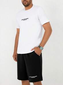 RueChic Set de 2 piezas: Camiseta de cuello redondo de manga corta con estampado de eslogan y pantalón corto para hombre, estilo casual