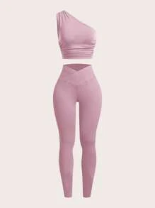 SHEIN EZwear 4 件套纯色户外服装：不对称领褶皱上衣 + 吊带背心 + 短裤 + 高腰裤 - 淺灰紫 - 查看 4
