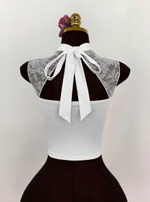 Amplova Boho-Urlaubs-Sommer-Outfits für Frauen, Urlaubs-Outfits für Frauen, ärmelloses T-Shirt mit Rundhalsausschnitt, Spitze und Patchwork-Aussparung und Krawattendekor