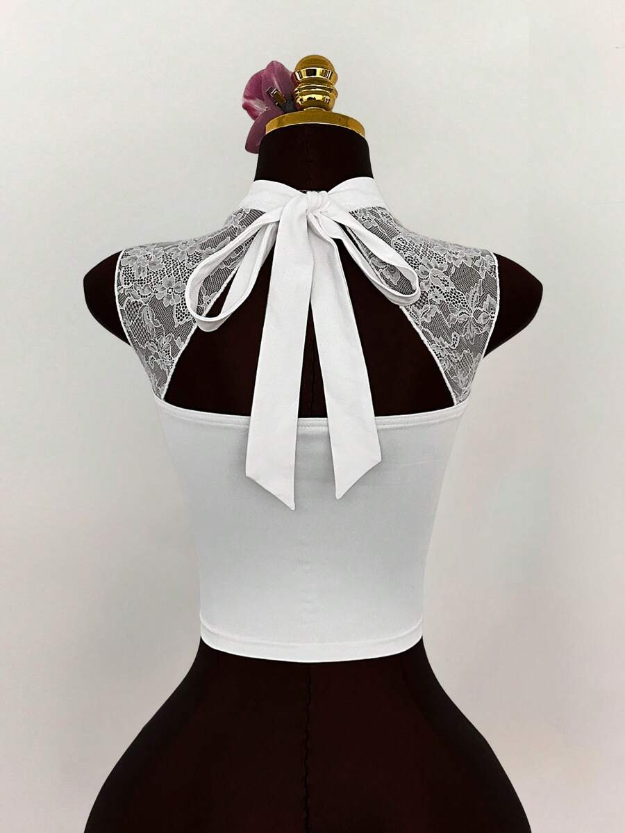 Amplova Boho-Urlaubs-Sommer-Outfits für Frauen, Urlaubs-Outfits für Frauen, ärmelloses T-Shirt mit Rundhalsausschnitt, Spitze und Patchwork-Aussparung und Krawattendekor