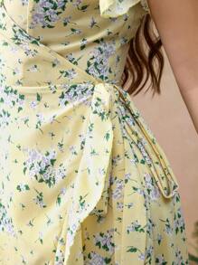 Roveilla 大码荷叶边盖袖小碎花花卉束腰修身喇叭中长连衣裙 - 彩色 - 查看 7