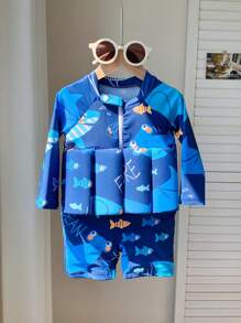 SHEIN Baby Boys/Girls Blue Cartoon Dinosaur Print Soft Knitted Round Neck Long Sleeve Buoyancy Swimsuit, Suitable For Beach, Swimming Pool, And Vacation