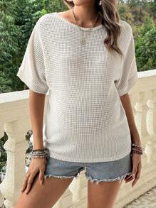 SHEIN Maternity Holiday Casual Crochet Patchwork Batwing Sleeve T-Shirt - Apricot - View 3