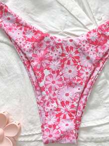 Swim Mod Bikini da donna per la primavera, a fascia sottile, con stampa floreale piccola a caso, con dettaglio intrecciato davanti, per l'estate
