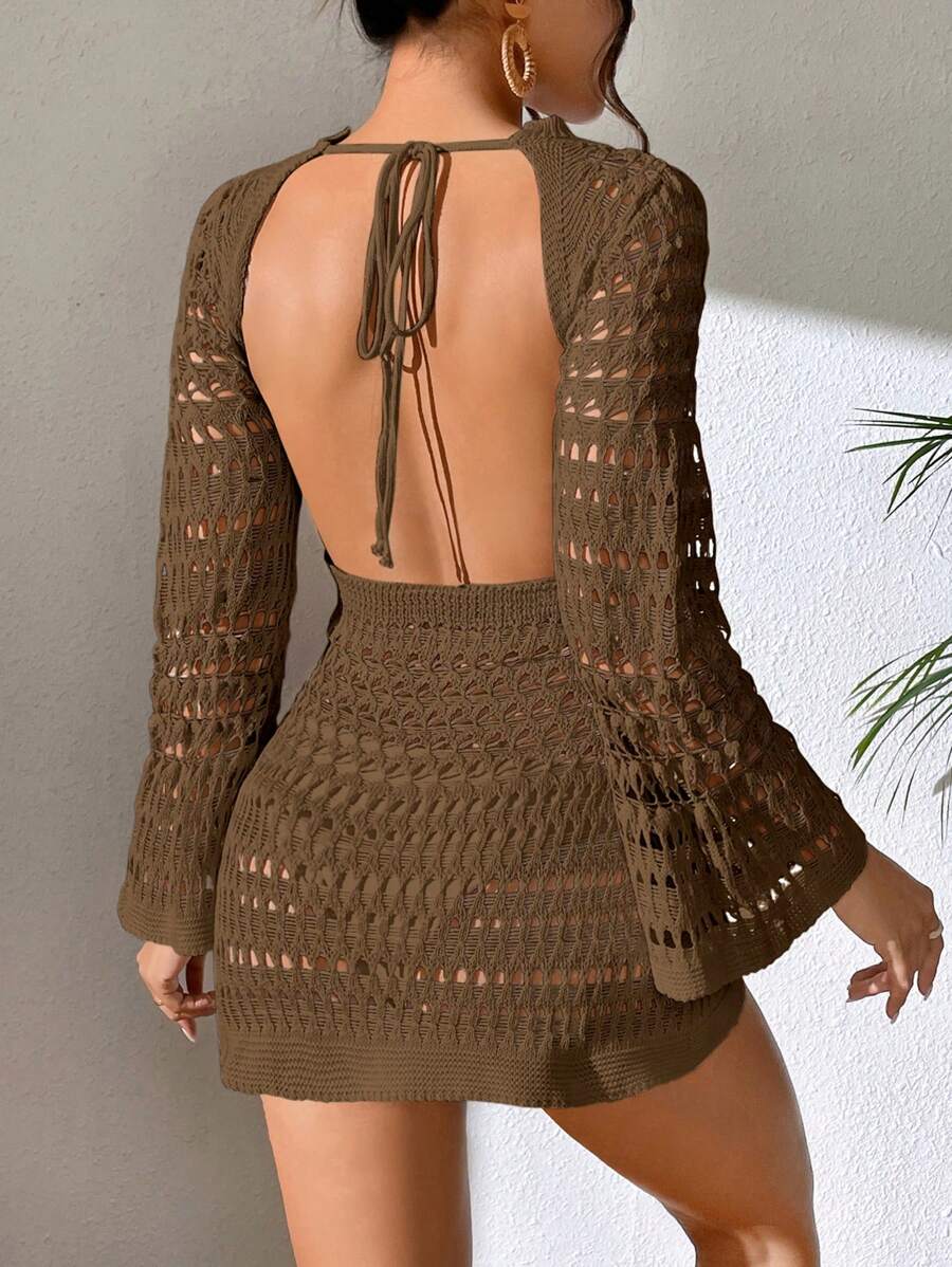 Swim Vcay Vacation Beach Solid Color Hollow Out Lace-Up Backless Mini Cover Up For Summer