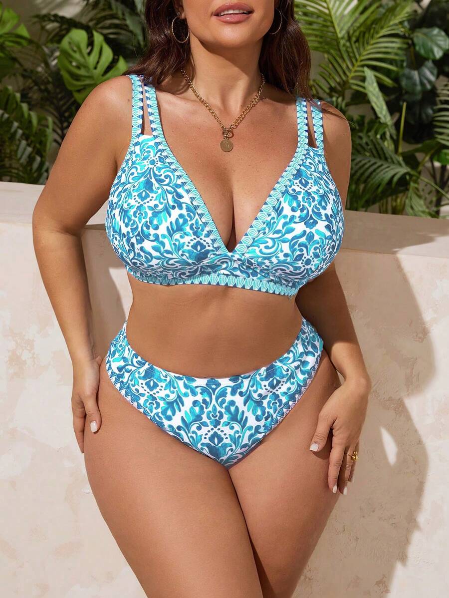 Swim Lushoire Bộ bikini tam giác cạp cao gợi cảm có 2 dây đeo có thể điều chỉnh cỡ lớn cho nữ, thời trang thường ngày đi nghỉ - Màu xanh nhạt - Xem 1