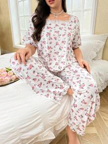 CottageSlumber Plus Size Printed Lace Splice Crew Neck Short Sleeve Top And Pants Loungewear Set, Bountiful Floral Splendor Cozy And Elegant Details