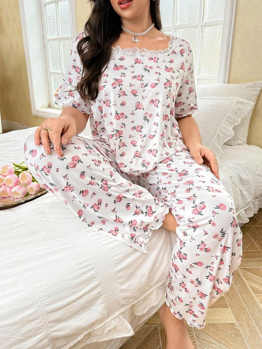 CottageSlumber Plus Size Printed Lace Splice Crew Neck Short Sleeve Top And Pants Loungewear Set, Bountiful Floral Splendor Cozy And Elegant Details