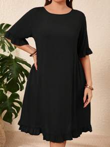 EMERY ROSE Plus Size Women Casual Solid Color Ruffled Hem Dress, Vacation Style - Black - View 5