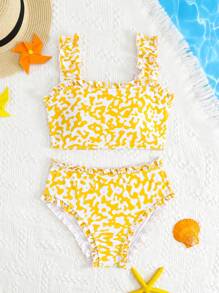 Preteen Tween Girl' Orange Ditsy Floral Wide Strap Ruffle Trim Bikini Swimwear, Mommy And Me Matching Outfits (3 Sets Are Sold Separately) - Multicolor - View 3