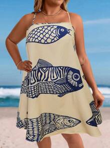 SHEIN Holidaya Plus Size Women Fish Print Loose Strap Vacation Dress - Beige - View 3