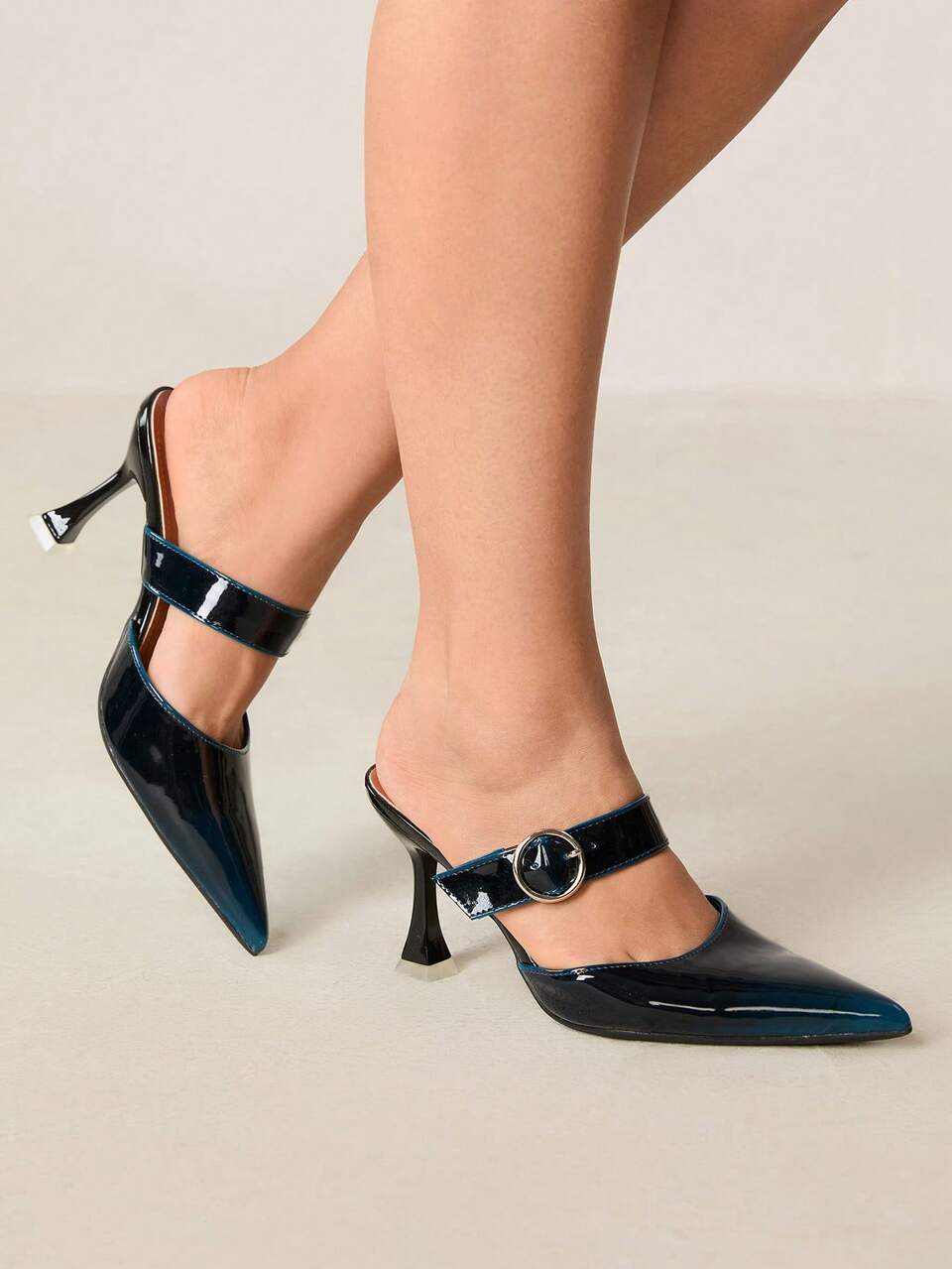 CUCCOO CURVES Plus Size Wide Fit Pointed Toe 9cm High Heel Hollow Out Elegant Sexy Satin Strap Buckle Decor Pumps, Suitable For Work, Vacation, Summer