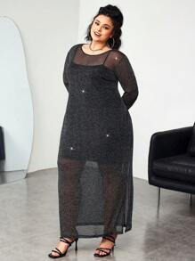 SHEIN CURVE+ Vestido de Body ceñido de talla grande con tirantes finos y malla negra de largo medio para mujeres