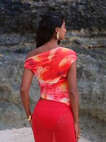 Opulessa Knitted Print Oblique Shoulder Fitted Cropped Women Shirt - Red - View 2