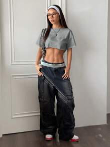 Flirla Women's Asymmetrical Shoulder Short Frayed Hem Oversized Streetwear T-Shirt, White, Versatile Y2K Stylish Chic, Spring/Summer - Grey - View 6