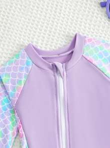 Newborn/Toddler Girls' Purple Mermaid Scale Print One-Piece Swimsuit With Long Sleeve & Zipper - Multicolor - View 5