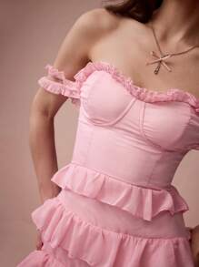 Enchnt Damen Kleid mit Schulterausschnitt, einfarbig, Rüschensaum, hoher Schlitz - Pink - Übersicht 3