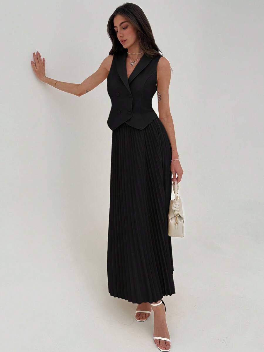 Aloruh Bộ đồ hai mảnh áo sơ mi công sở thanh lịch có nút và chân váy xếp ly dài, trang phục hẹn hò phong cách đại học đa năng, trang phục công sở thường ngày cho phụ nữ, bộ đồ mùa hè - màu đen - Xem 1