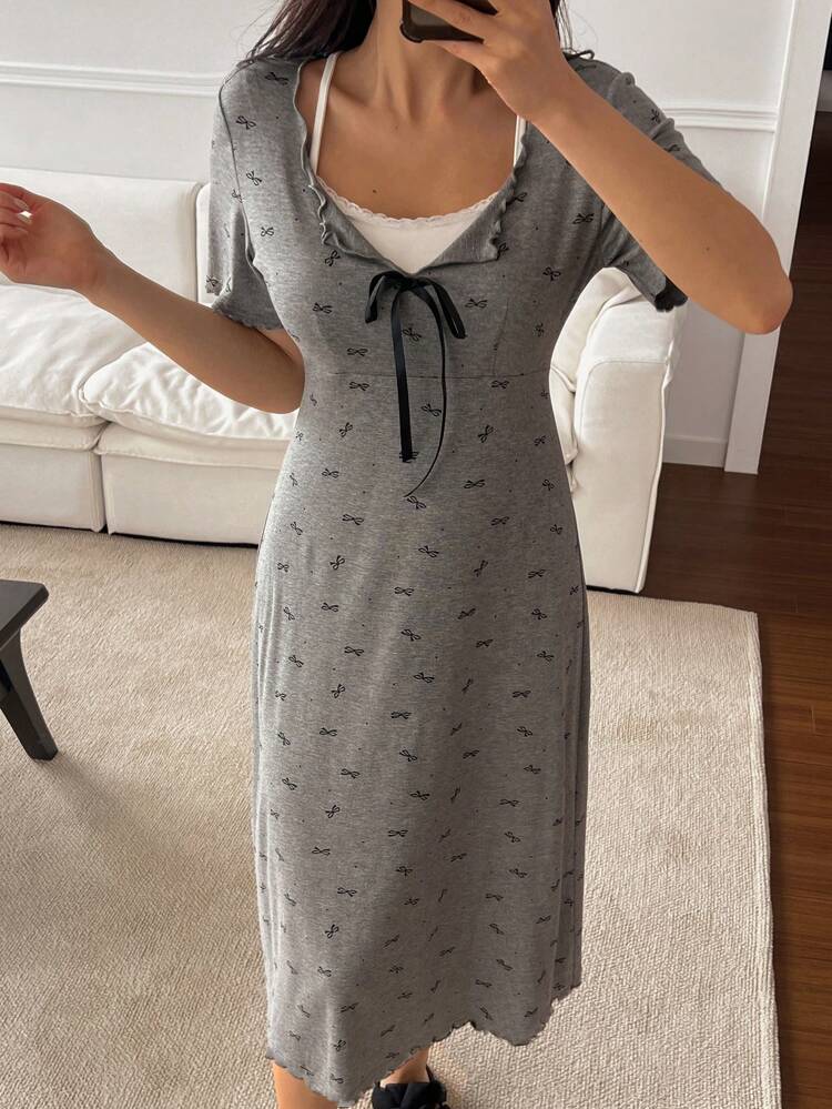 Bowknot Print Contrast Trim Asymmetric Hem Nightgown Pajama, Casual Dress