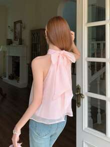 SHEIN TEENGIRL 优雅甜美粉色雪纺露背上衣，装饰蝴蝶结细节露背衬衫 - 粉色 - 查看 5