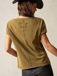 Bohemela BOHO Festival Country Getaway Style Solid Color Knit Crew Neck Short Sleeve Fitted Washed Women T-Shirt - Olive Green - View 7