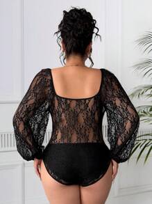 Elenzga Plus Size Square Neck Sheer Bodysuit, Sweetheart Collar, Lantern Sleeve, Lace Bodycon - Black - View 2