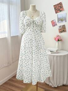 Flirla Plus Size Sweetheart Collar Tie-Front Elegant Cute Casual Dress For Date, Party