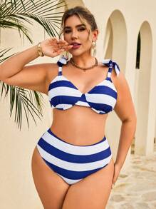 Swim Lushoire 2 件大码女式优雅条纹印花泳衣套装，夏季海滩 - 彩色 - 查看 3