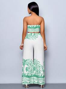 SOLERSUN Summer Women's Clothing, Casual Vacation, White Background Orange Flowers, Sleeveless Tube Top, Front Center Tie, Back Pleated Top, Loose Wide-Leg Pants Suit, Woven Two Pieces Suit