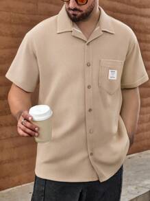 RueChic Men Waffle Fabric Pocket And Patched Regular Short Sleeve Shirt - Beige - View 1