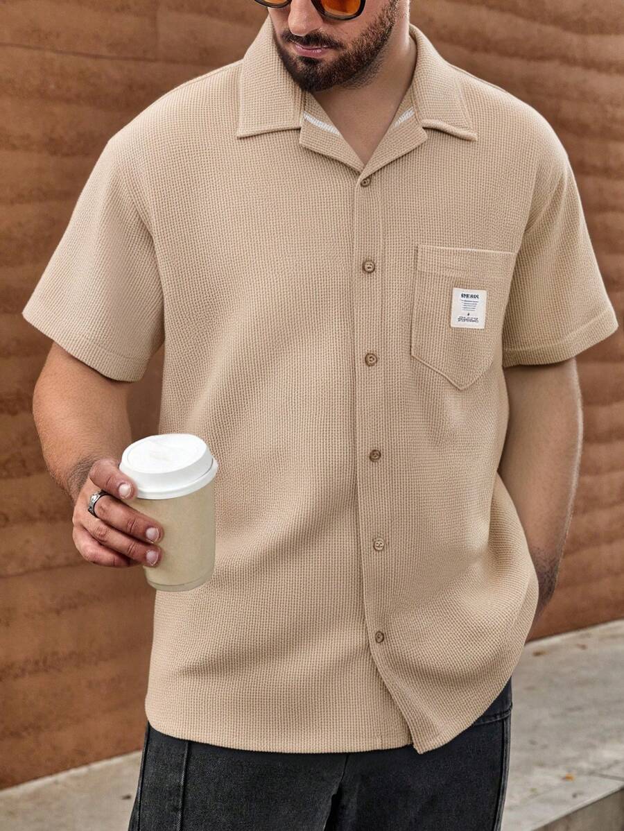 RueChic Men Waffle Fabric Pocket And Patched Regular Short Sleeve Shirt - Beige - View 1