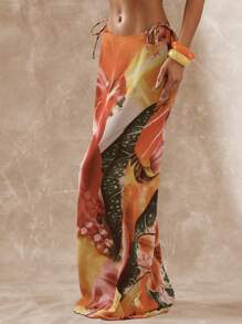 Musera Resort Fitted Chiffon Floaty Hem Fruit Floral Print Maxi Skirt Boho Ibiza Cute Sexy Vacation Summer Beach Swimwear Cover Up Spring - Multicolor - View 6