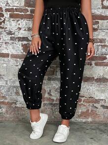 SHEIN LUNE 大码女式夏季服装高腰黑白波尔卡圆点度假休闲波西米亚风裤子 - 黑與白 - 查看 7