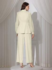 Modelyn 2 Pieces Set Women Spring/Summer Chiffon Pleated Bowknot Blazer Jacket & Long Pants - Apricot - View 2