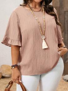 EMERY ROSE 加大码荷叶边下摆短袖衬衫，简约时尚休闲日常度假女士春夏装，西式女装，春夏装 - 粉色 - 查看 1